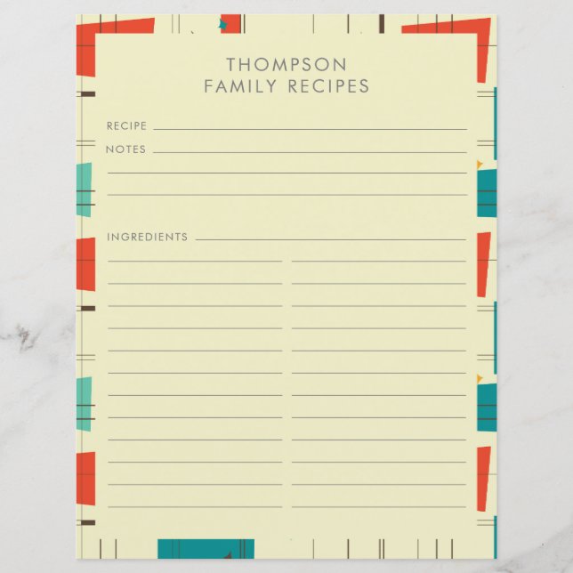 Mid Century Modern Teal Green Personalized Recipe (Front)