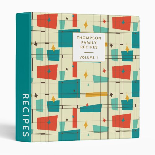Mid Century Modern Teal Green Personalized Recipe 3 Ring Binder