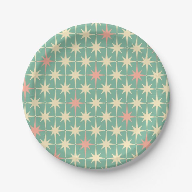 Mid Century Modern Teal Mint & Pink Retro Stars  Paper Plates (Front)