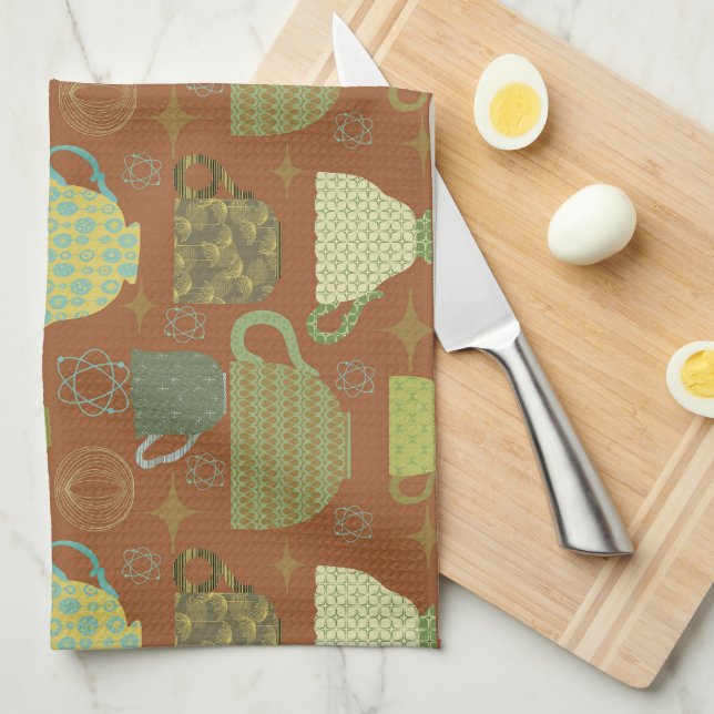 Mid Century Modern Terracotta Teacup  Kitchen Towel (Quarter Fold)