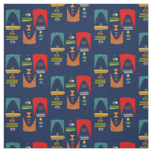 Mid-Century Modern Tiki Tok Navy Blue Fabric