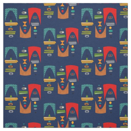 Mid_Century Modern Tiki Tok Navy Blue Fabric