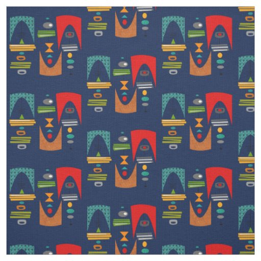 Mid-Century Modern Tiki Tok Navy Blue Fabric