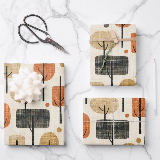 Mid Century Modern Tree Pattern Wrapping Paper Sheets (Front)