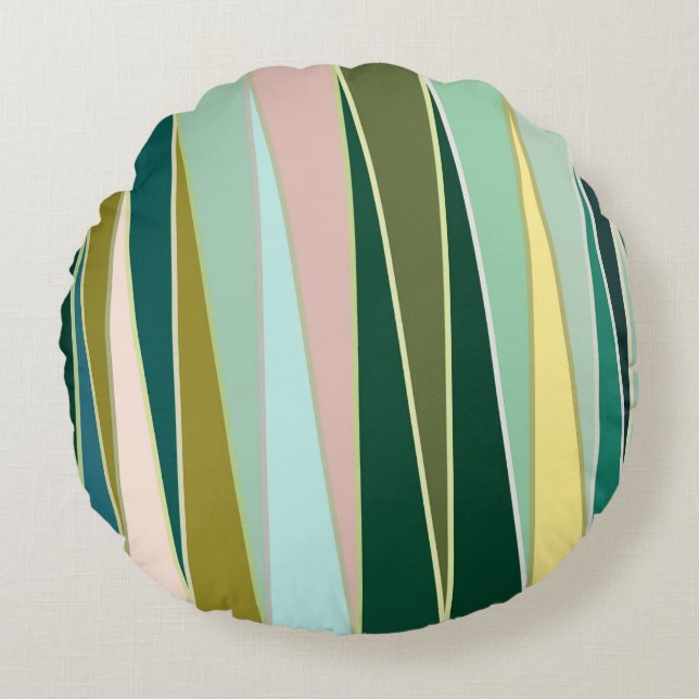 Mid-Century Modern Triangles, Aqua and Emerald Round Pillow (Front)