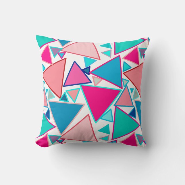 Mid-Century Modern Triangles, Turquoise and Coral Throw Pillow (Front)
