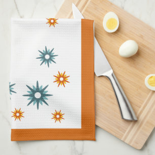 Mid-Century Modern Turquoise & Orange Starbursts Kitchen Towel