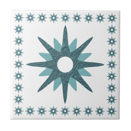 Mid_Century Modern Turquoise Starburst Design Ceramic Tile