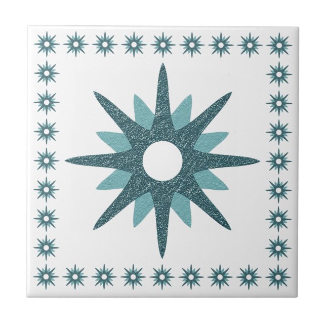 Mid-Century Modern Turquoise Starburst Design Ceramic Tile (Front)