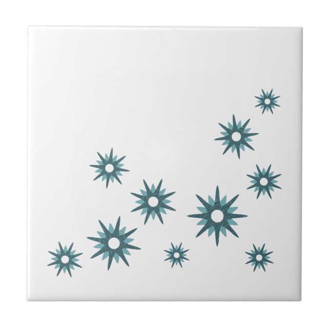 Mid-Century Modern Turquoise Starbursts Ceramic Tile (Front)