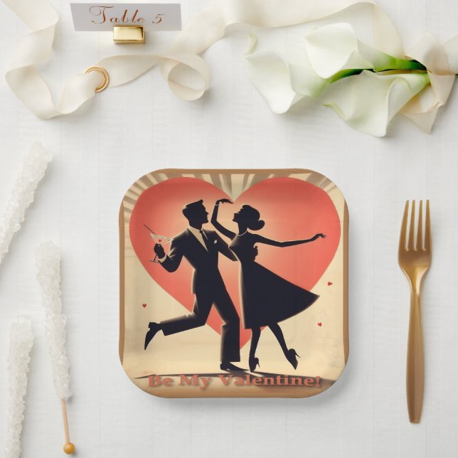 Mid Century Modern Valentine Dancing Couple  Paper Plates (Wedding)