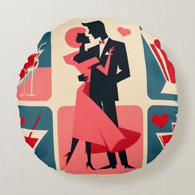 Mid Century Modern Valentine Dancing Couple Round Pillow (Front)