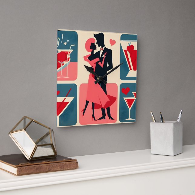 Mid Century Modern Valentine Dancing Couple Square Wall Clock (Office)