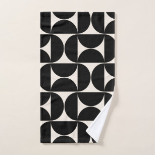 Mid Century Modern Geometric Pattern 637 Black and Linen White Hand & Bath  Towel