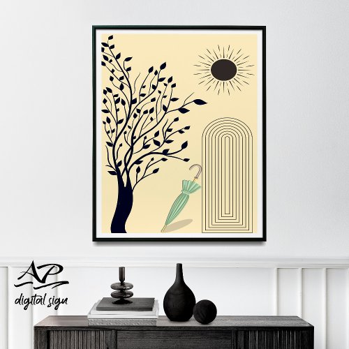 Mid Century Modern Wall Art Green Umbrella  Poster