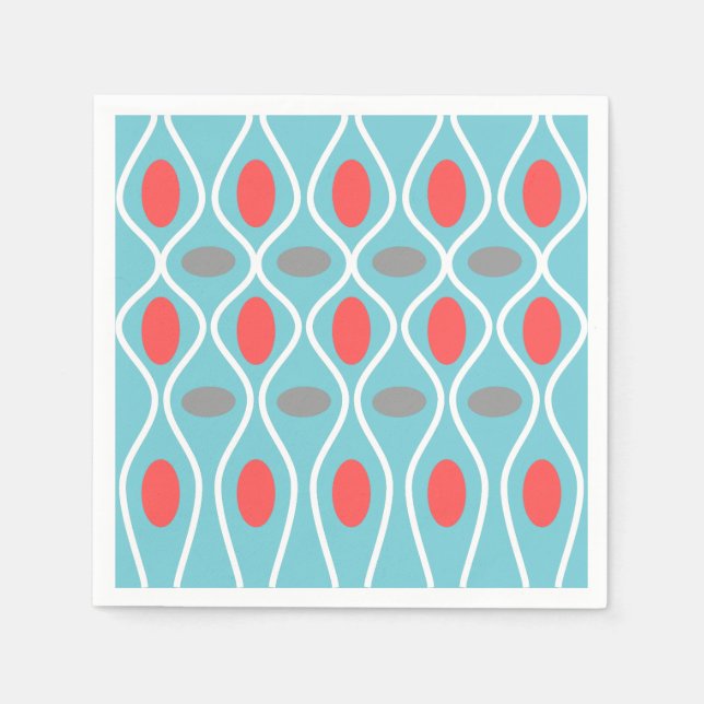 Mid Century Modern, Waves Spheres, Blue, Red, Gray Paper Napkins (Front)
