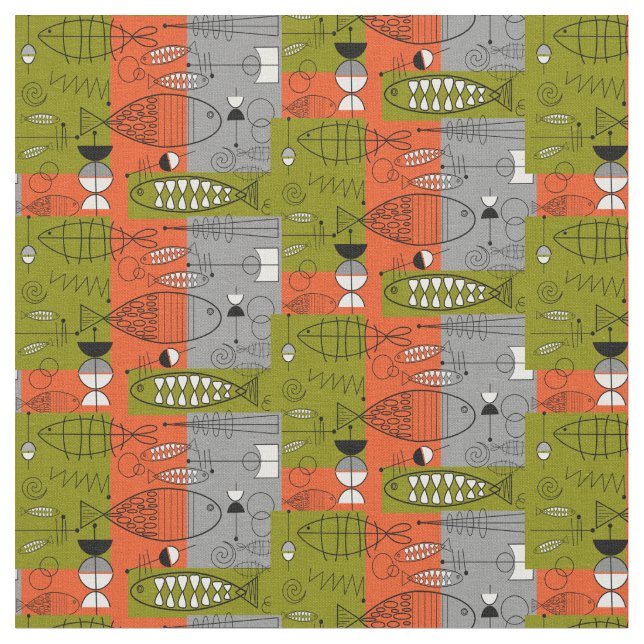 Mid-Century Modern Whimsical Fish Orange Fabric (Close Up)