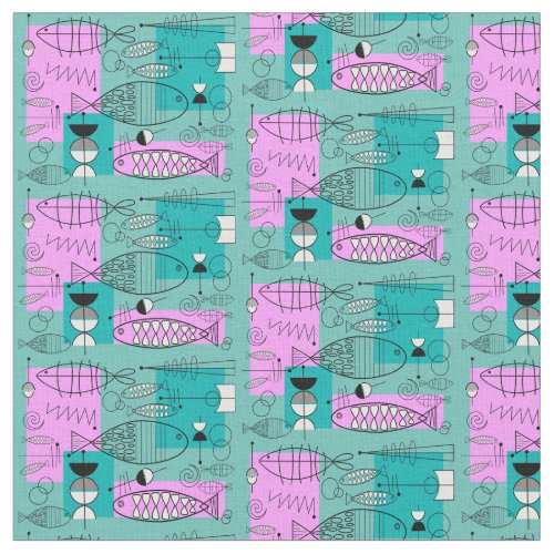 Mid-Century Modern Whimsical Fish Pink and Blue Fabric