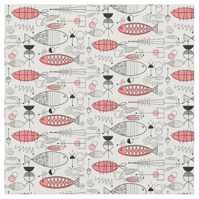 Mid-Century Modern Whimsical Fish Retro Pink Fabric (Close Up)