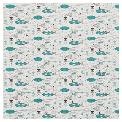 Mid-Century Modern Whimsical Fish Retro Teal Fabric