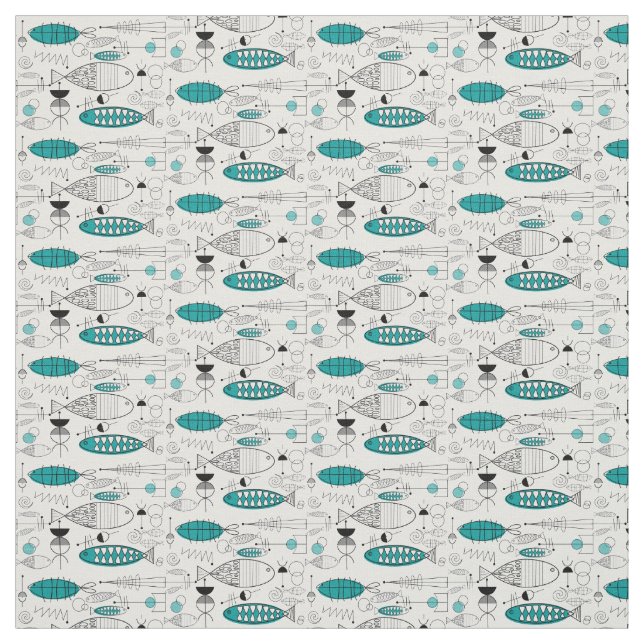 Mid-Century Modern Whimsical Fish Retro Teal Fabric (Swatch)