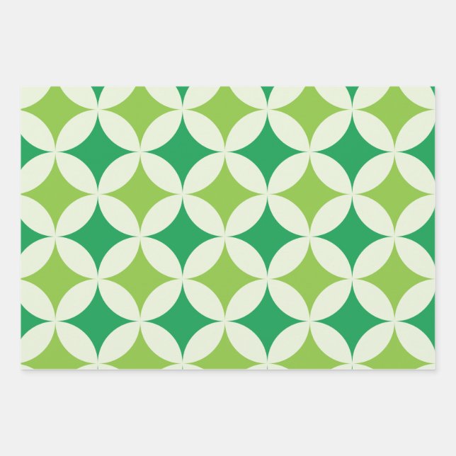 Mid Century modern White Green Starbursts Circles  Wrapping Paper Sheets (Front)