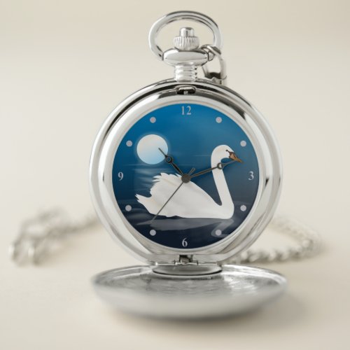 Mid Century Modern White Swan Moonlight Blue Water Pocket Watch