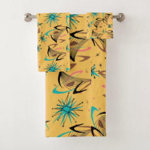 Mid Century Modern Yellow Black Turquoise Bath Towel Set