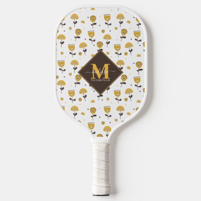 Mid Century Modern Yellow Floral Custom Name Pickleball Paddle (Front)