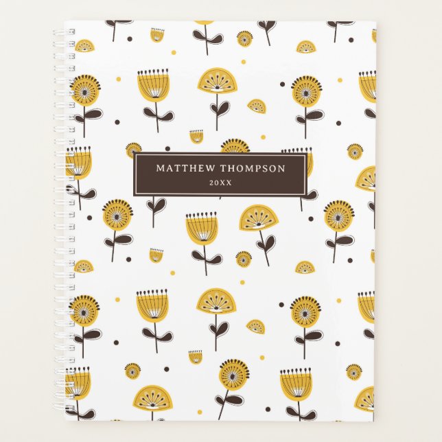 Mid Century Modern Yellow Floral Pattern Calendar Planner (Front)