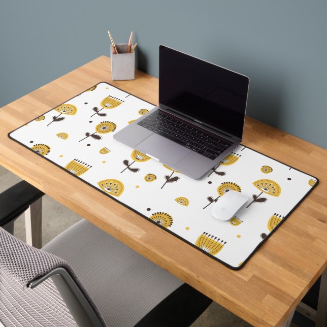 Mid Century Modern Yellow Floral Pattern Desk Mat (Office 2)