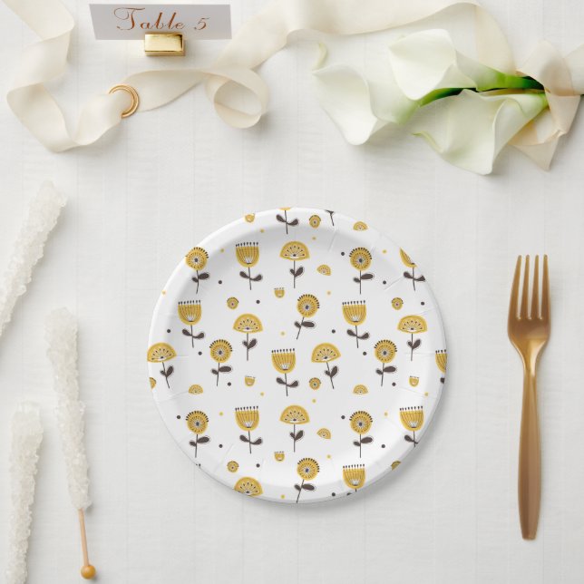 Mid Century Modern Yellow Floral Pattern Paper Plates (Wedding)