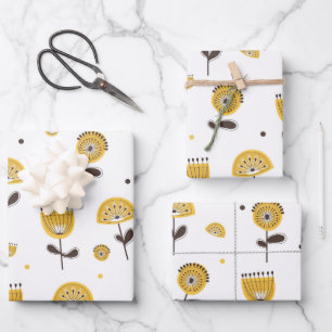 Mid Century Modern Yellow Floral Pattern Wrapping Paper Sheets