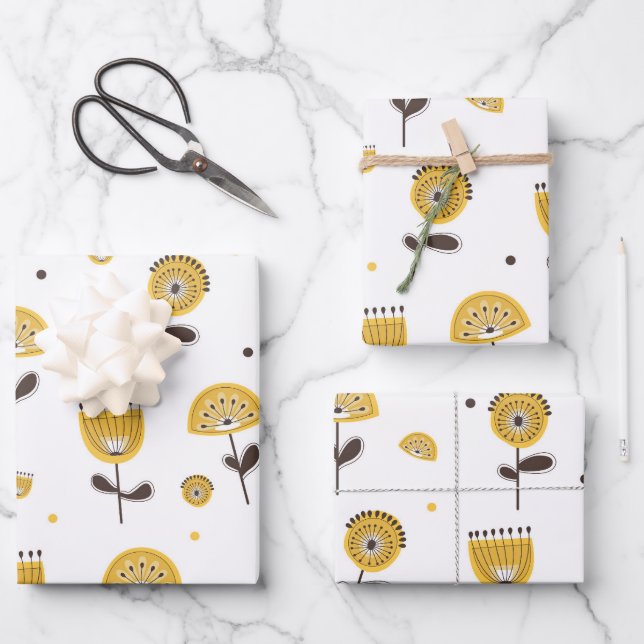 Mid Century Modern Yellow Floral Pattern Wrapping Paper Sheets (Front)