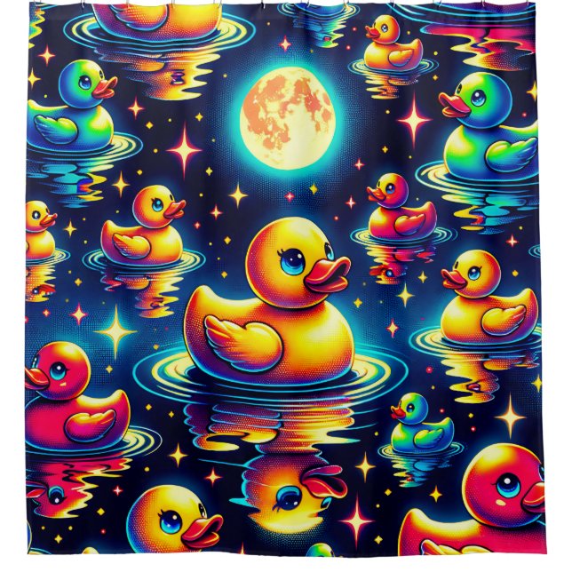  “Mid-Century Moonlit Duckies” Shower Curtain (Front)