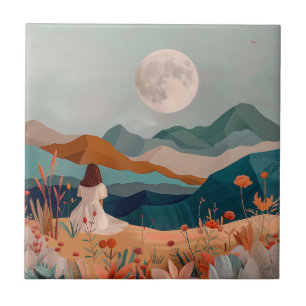 Mid Century Mountain Landscape Terracotta Sage Art Ceramic Tile