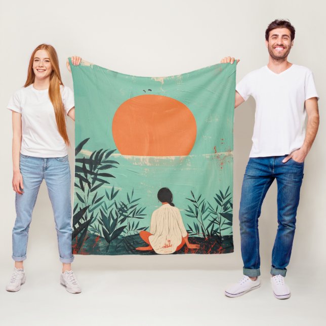 Mid Century Mountain Landscape Terracotta Sage Art Fleece Blanket (In Situ)