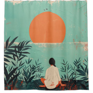 Mid Century Mountain Landscape Terracotta Sage Art Shower Curtain