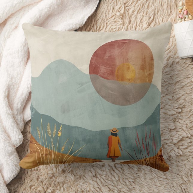 Mid Century Mountain Landscape Terracotta Sage Art Throw Pillow (Blanket)