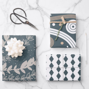 Mid Century Navy Blue Geometric Botanical Wrapping Paper Sheets