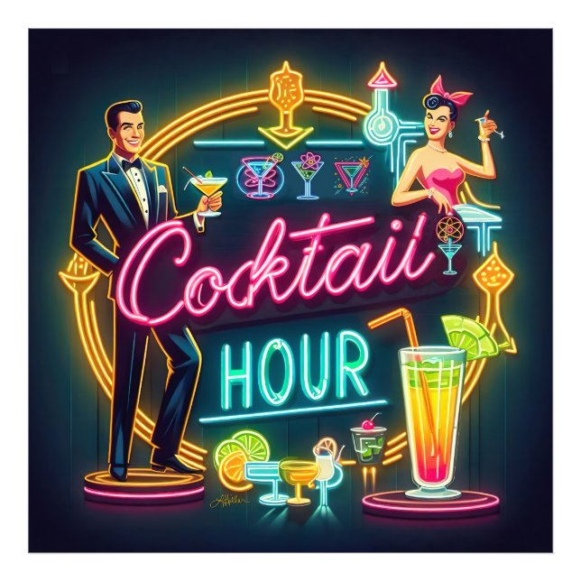 Mid Century Neon Sign Cocktail Hour Couple (Front)