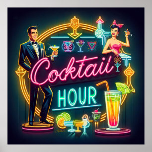 Mid Century Neon Sign Cocktail Hour Couple