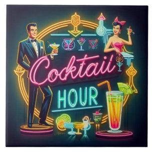 Mid Century Neon Sign Cocktail Hour Couple Ceramic Tile