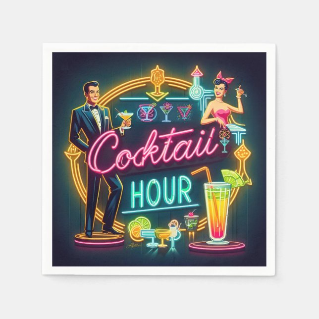 Mid Century Neon Sign Cocktail Hour Couple Napkins (Front)
