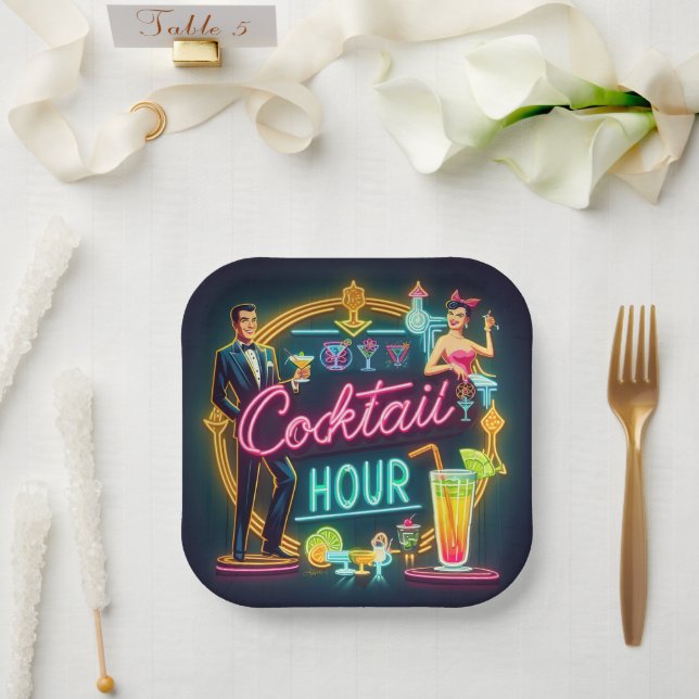 Mid Century Neon Sign Cocktail Hour Couple Paper Plates (Wedding)