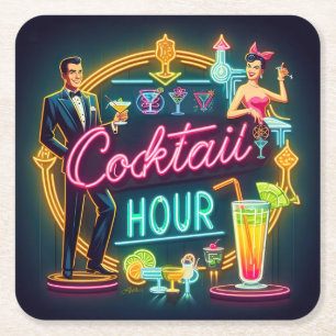 Mid Century Neon Sign Cocktail Hour Couple Square Paper Coaster