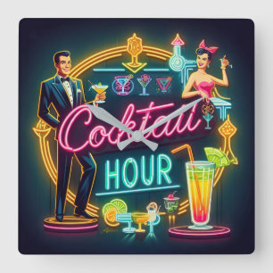 Mid Century Neon Sign Cocktail Hour Couple Square Wall Clock