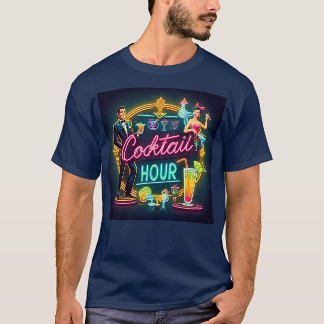 Mid Century Neon Sign Cocktail Hour Couple T-Shirt (Front)