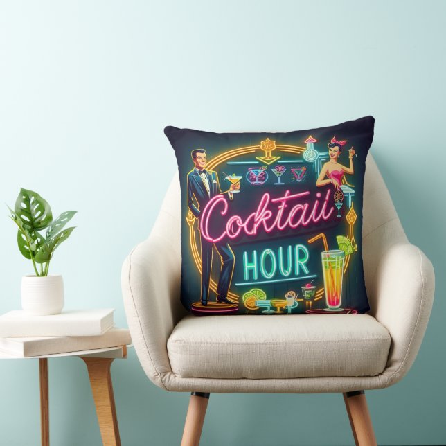 Mid Century Neon Sign Cocktail Hour Couple Throw Pillow (Chair)