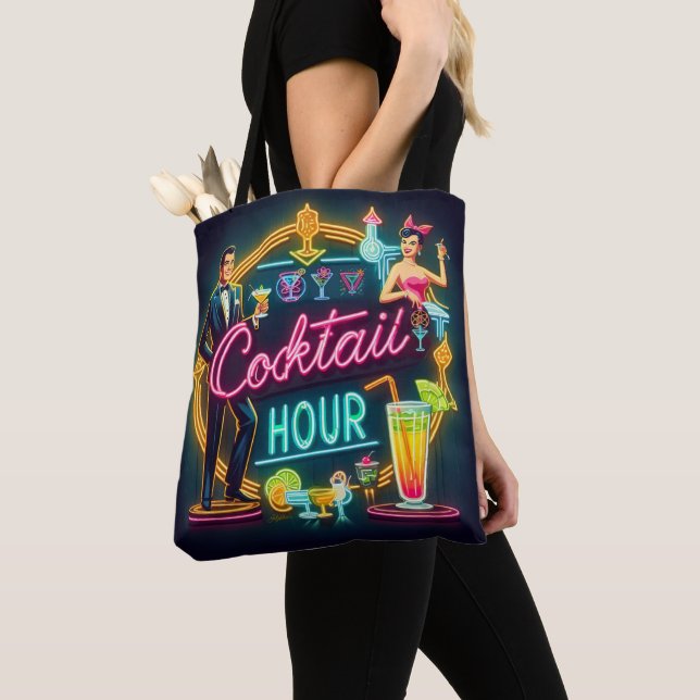 Mid Century Neon Sign Cocktail Hour Couple Tote Bag (Close Up)